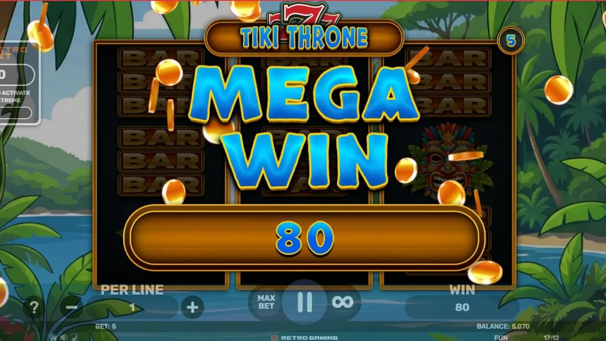 Tampilan visual slot 777 Tiki Throne dengan tema tropis dan simbol klasik