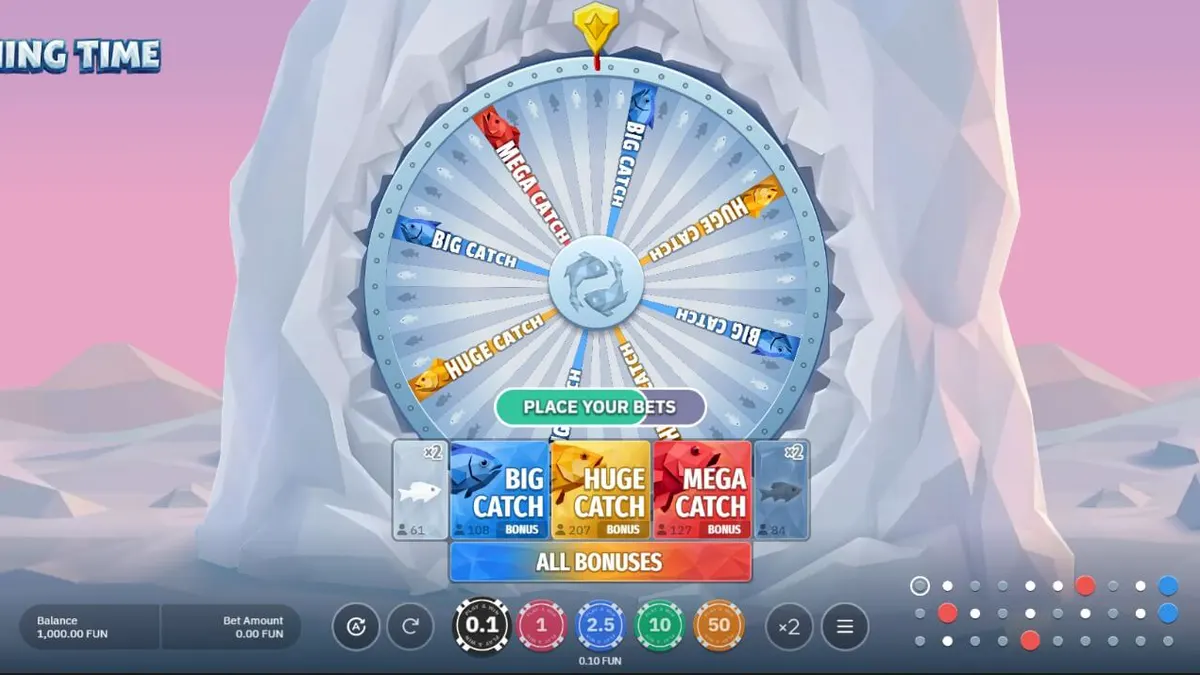Pemandangan danau beku dengan roda keberuntungan bertema memancing di Fishing Time oleh BGaming